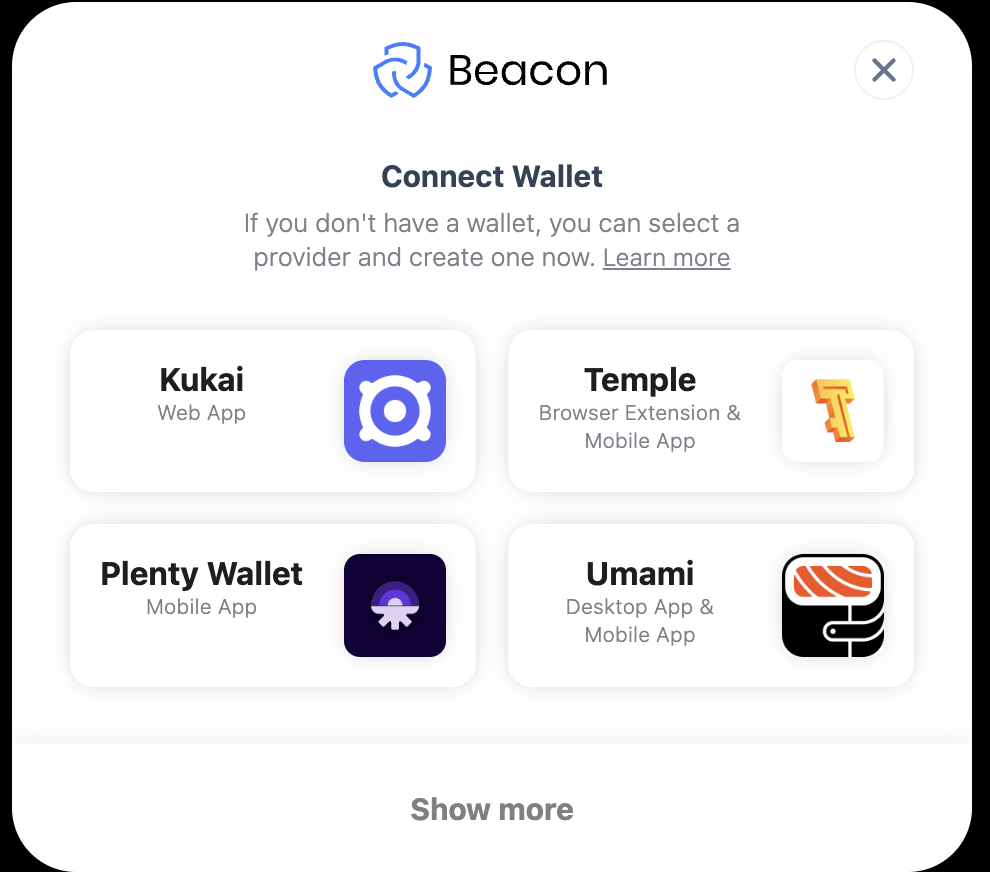 The Beacon popup window with a QR code and a list of compatible wallets