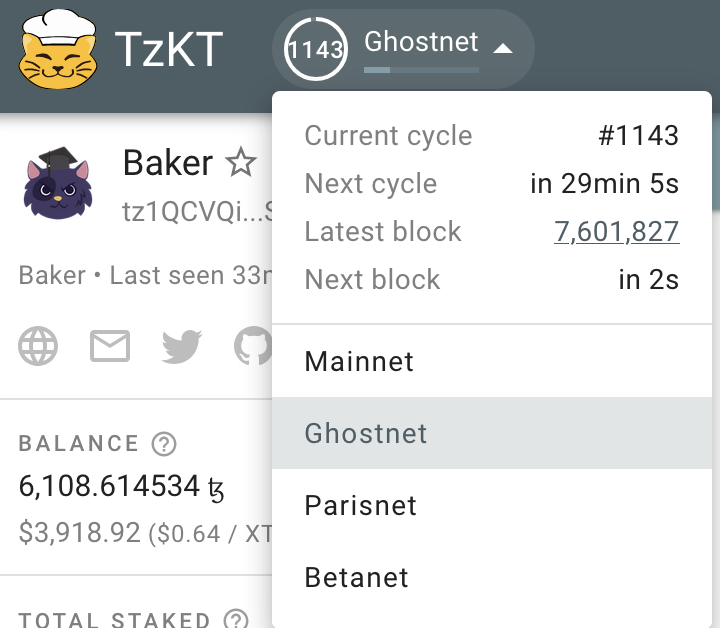 The TZKT block explorer, showing information about the current cycle